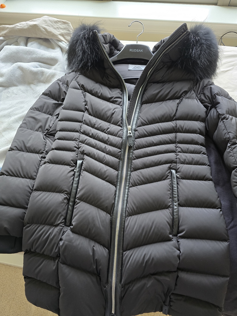 RUDSAK Women's Black Quilted Down Puffer with Raccoon Fur-Trim Hood